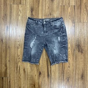 Mid length distressed denim grey shorts